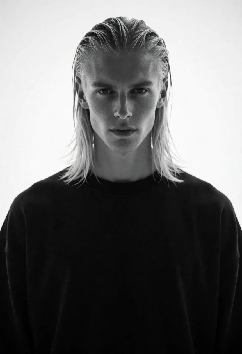 High contrast black and white portrait of man with blonde hair - AI generated image prompt sample