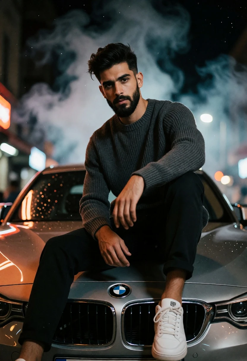 Young man with beard on silver bmw hood at night under dramatic - AI generated image prompt sample