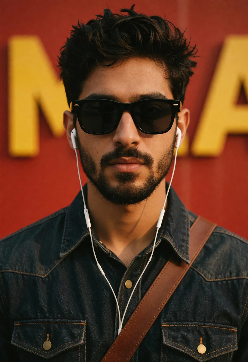 Close up portrait of young man with dark hair against red wall - AI generated image prompt sample