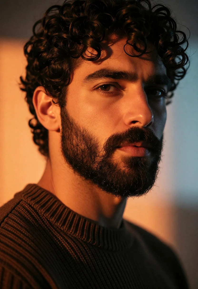 Close up portrait of man with dark curly beard wearing brown ribbed - AI generated image prompt sample