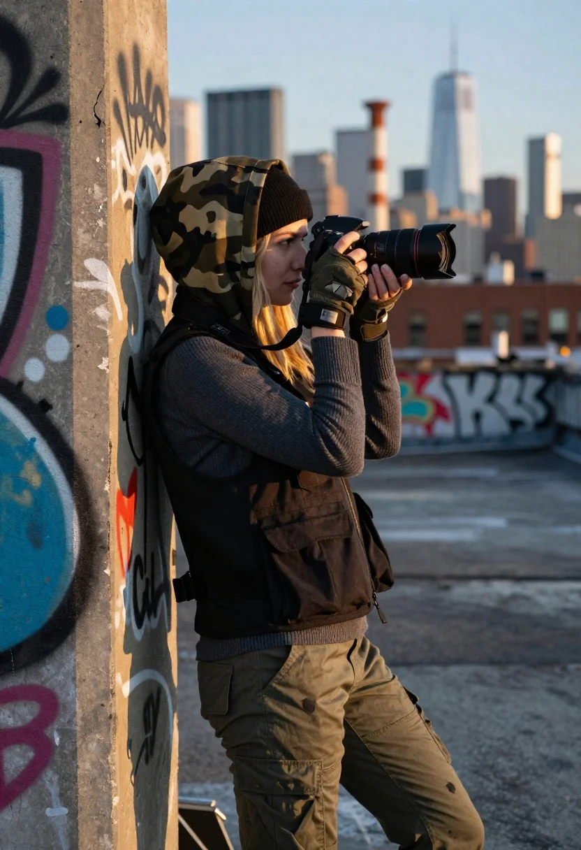 Young blonde woman taking photo on graffiti covered rooftop at golden hour - AI generated image prompt sample