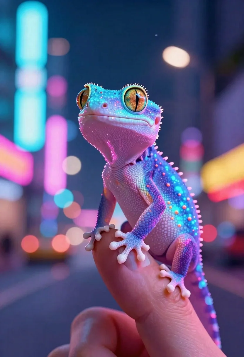 Bioluminescent lizard on finger against city night background