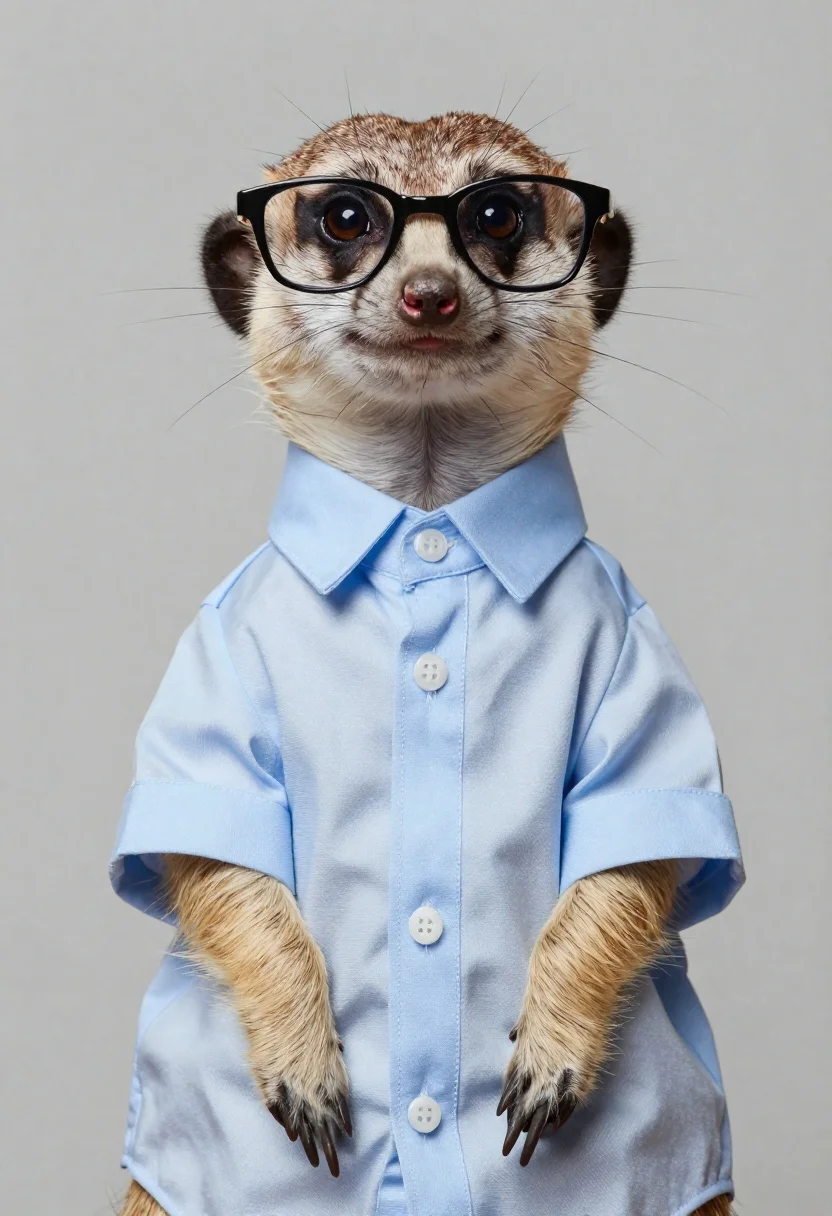 Hyperrealistic portrait of meerkat wearing glasses and blue shirt - AI generated image prompt sample