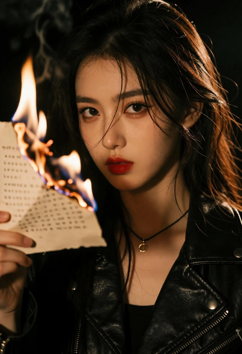 Close up portrait of young woman holding burning paper in deep darkness - AI generated image prompt sample