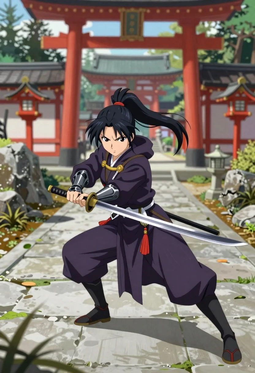 Anime warrior with katana near japanese shrine