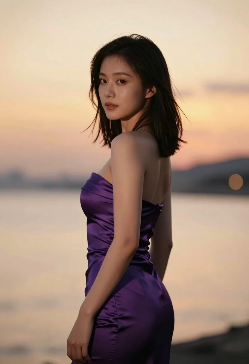 Woman in strapless purple gown looking back over shoulder at viewer - AI generated image prompt sample