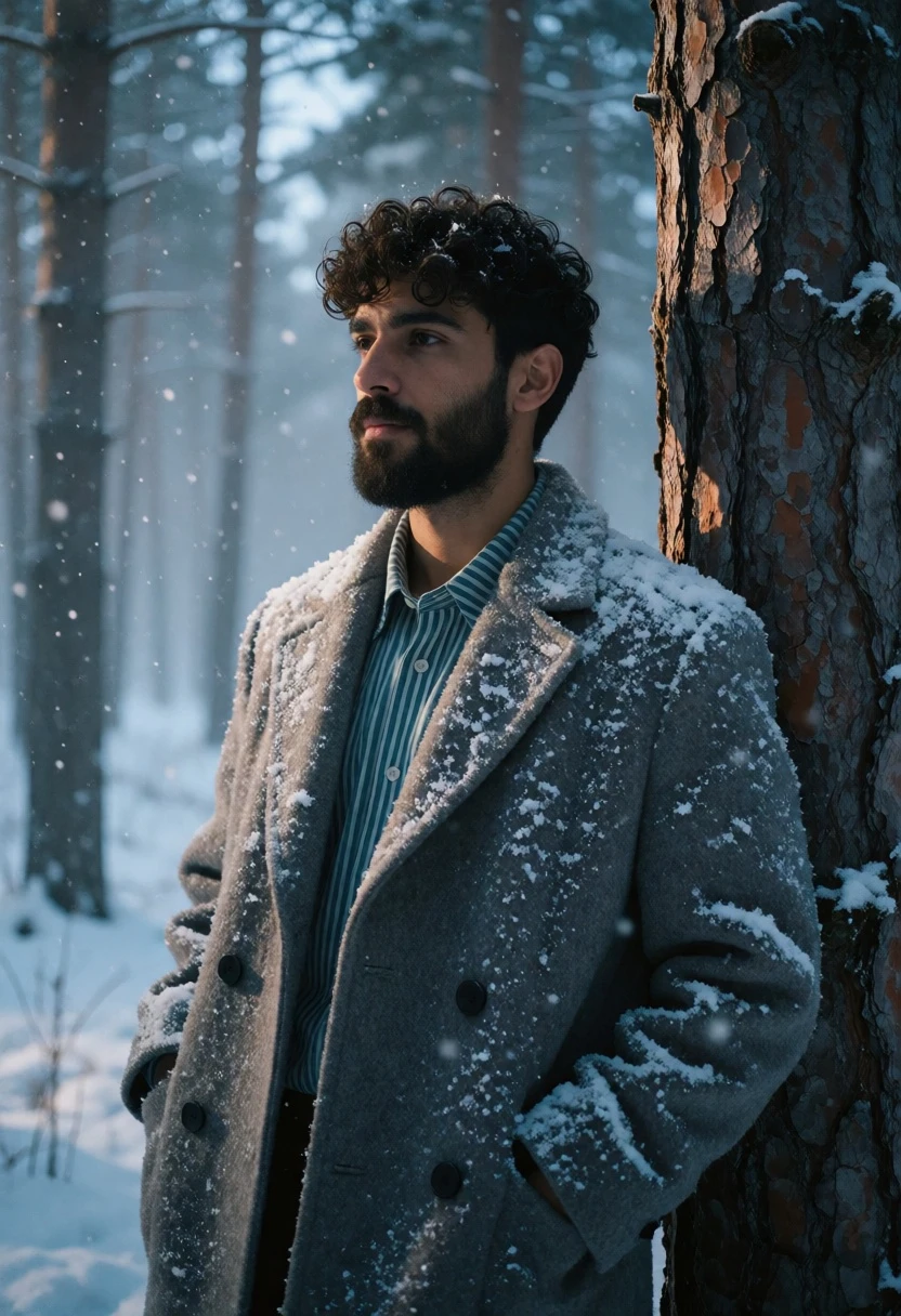 Young man in grey wool coat leaning against tree in snowy forest - AI generated image prompt sample