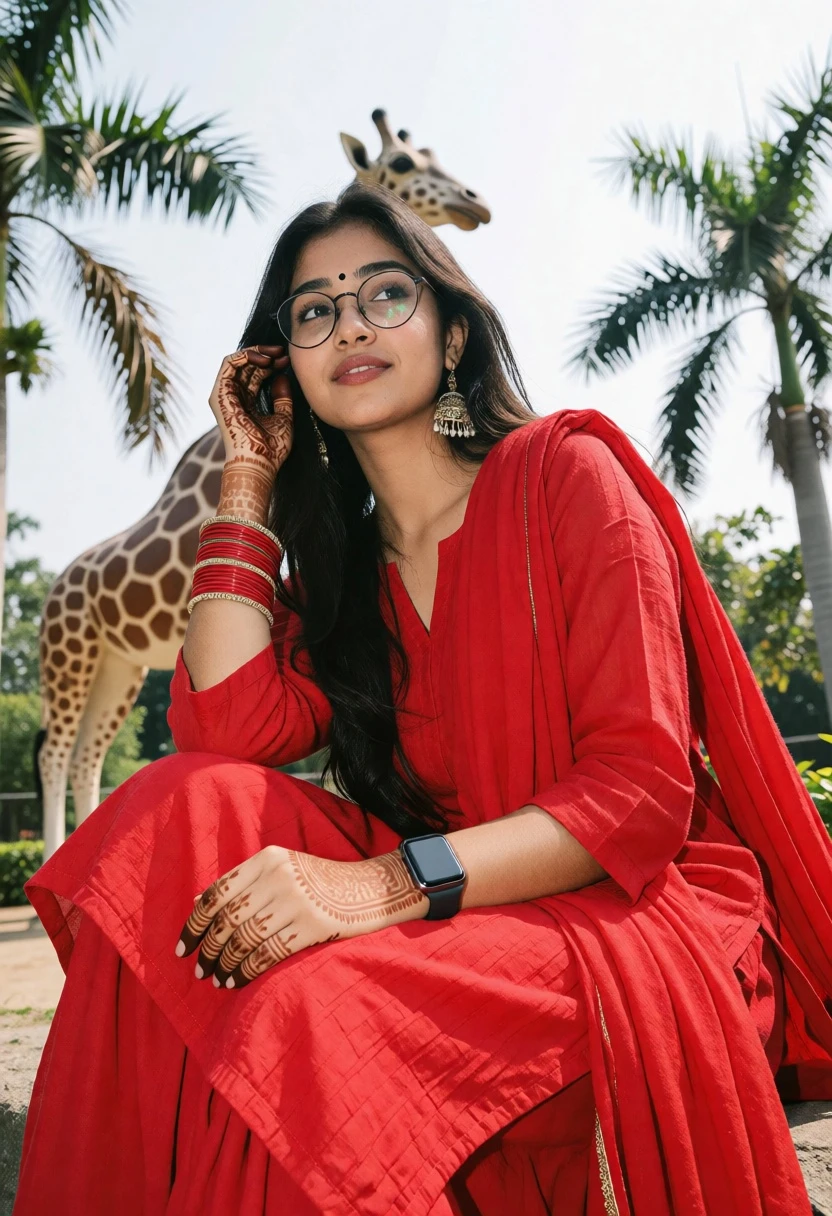 Young woman in vibrant red traditional outfit outdoors near giraffe statue - AI generated image prompt sample