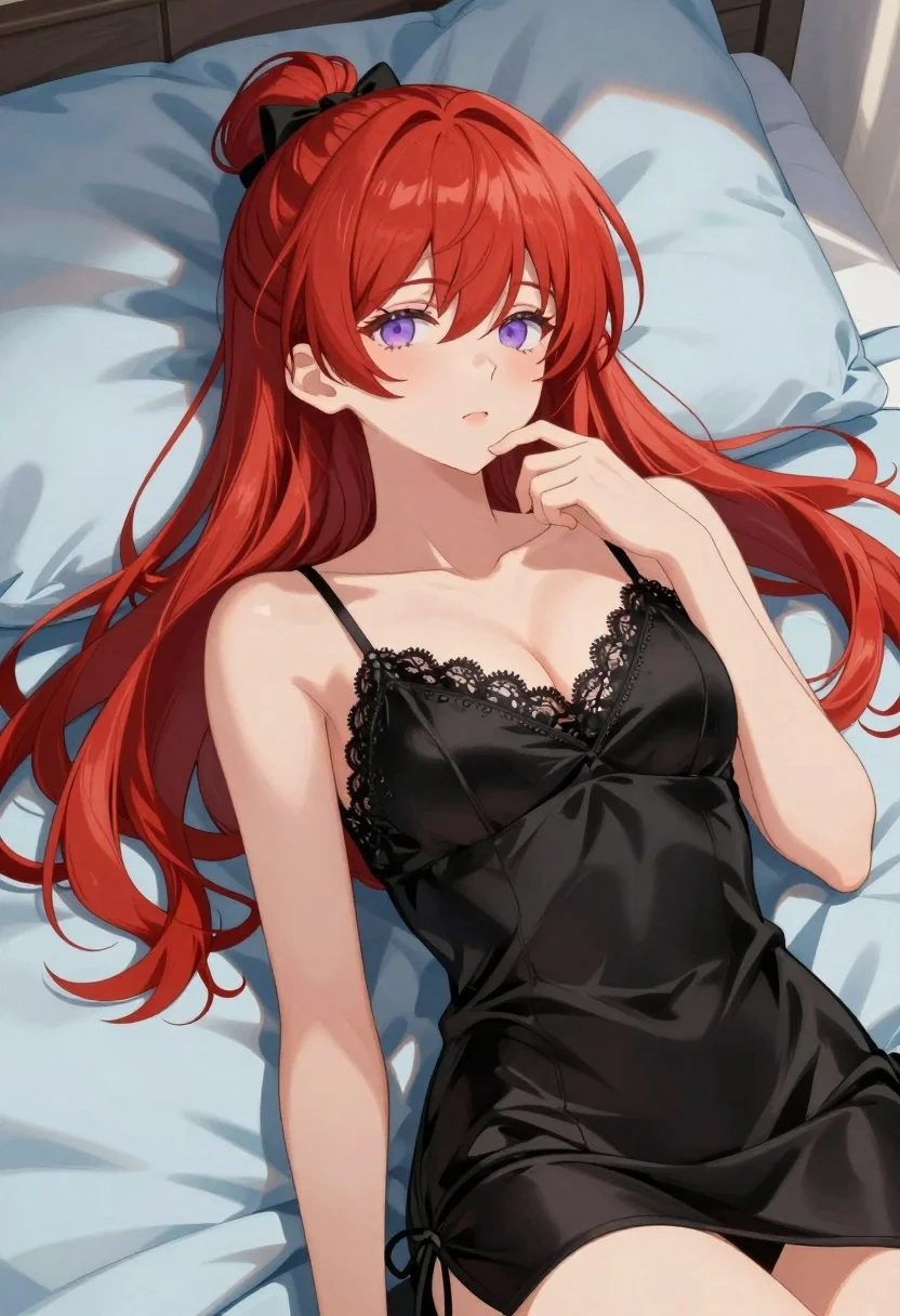 Anime portrait of young woman with red hair on blue bed - AI generated image prompt sample