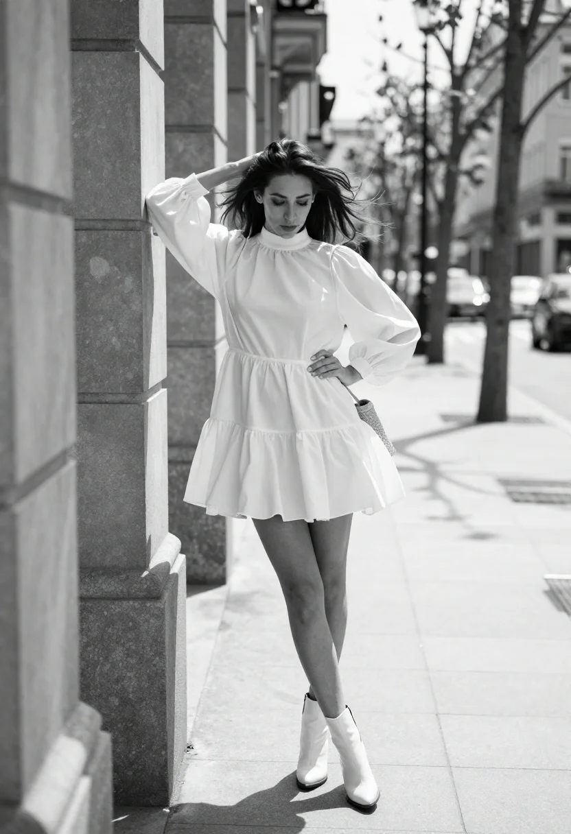 Stylish woman in white mini dress leaning against stone pillar on city - AI generated image prompt sample