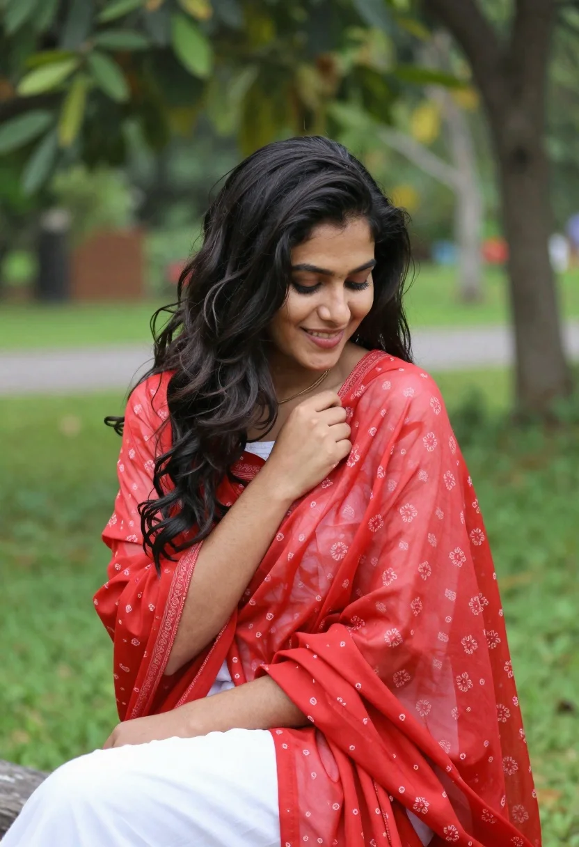 Young woman in white outfit holding red patterned shawl outdoors