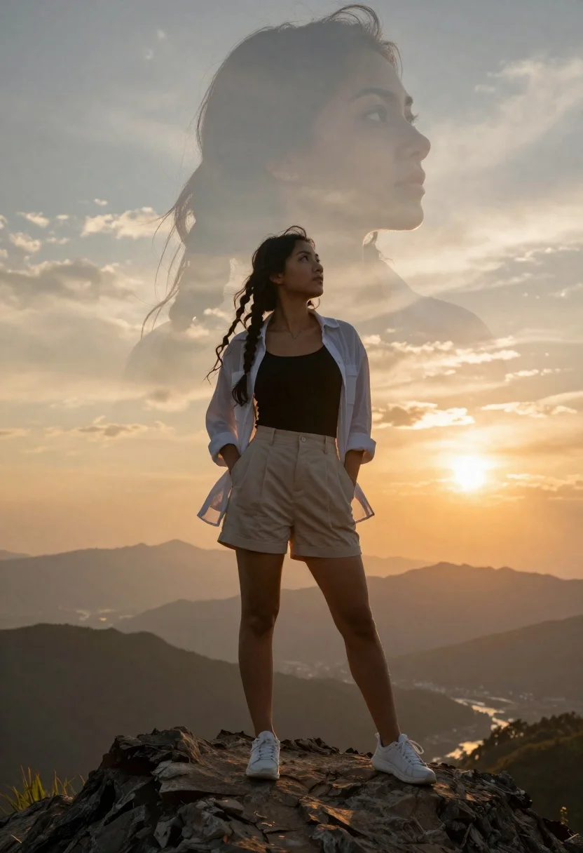 Young woman on mountain peak with ethereal face double exposure at sunset - AI generated image prompt sample