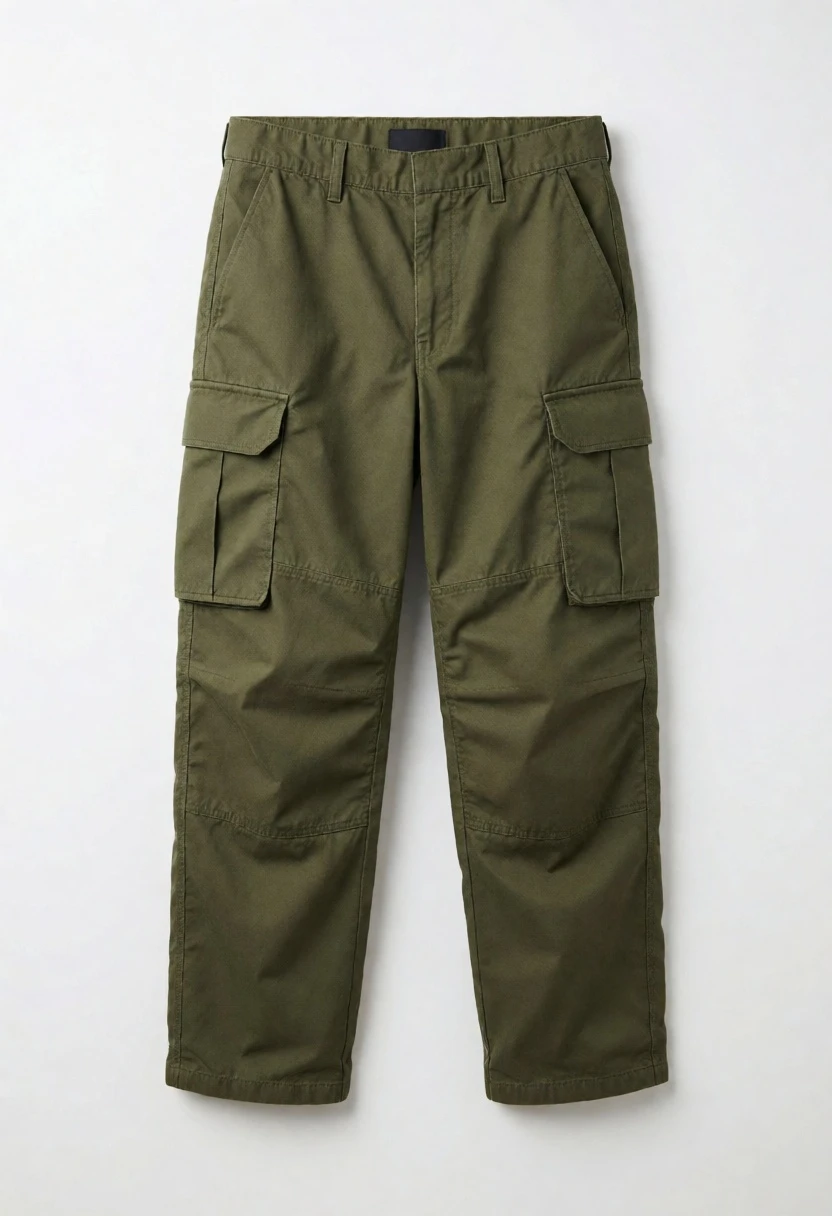 Full length olive green cargo trousers displayed on seamless white studio background - AI generated image prompt sample