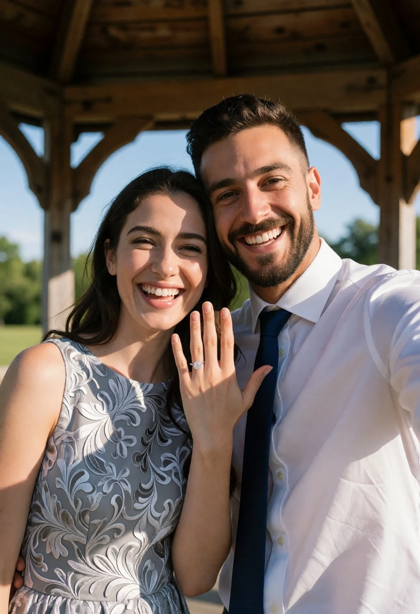 Joyful couple displaying diamond ring under wooden gazebo in park setting - AI generated image prompt sample