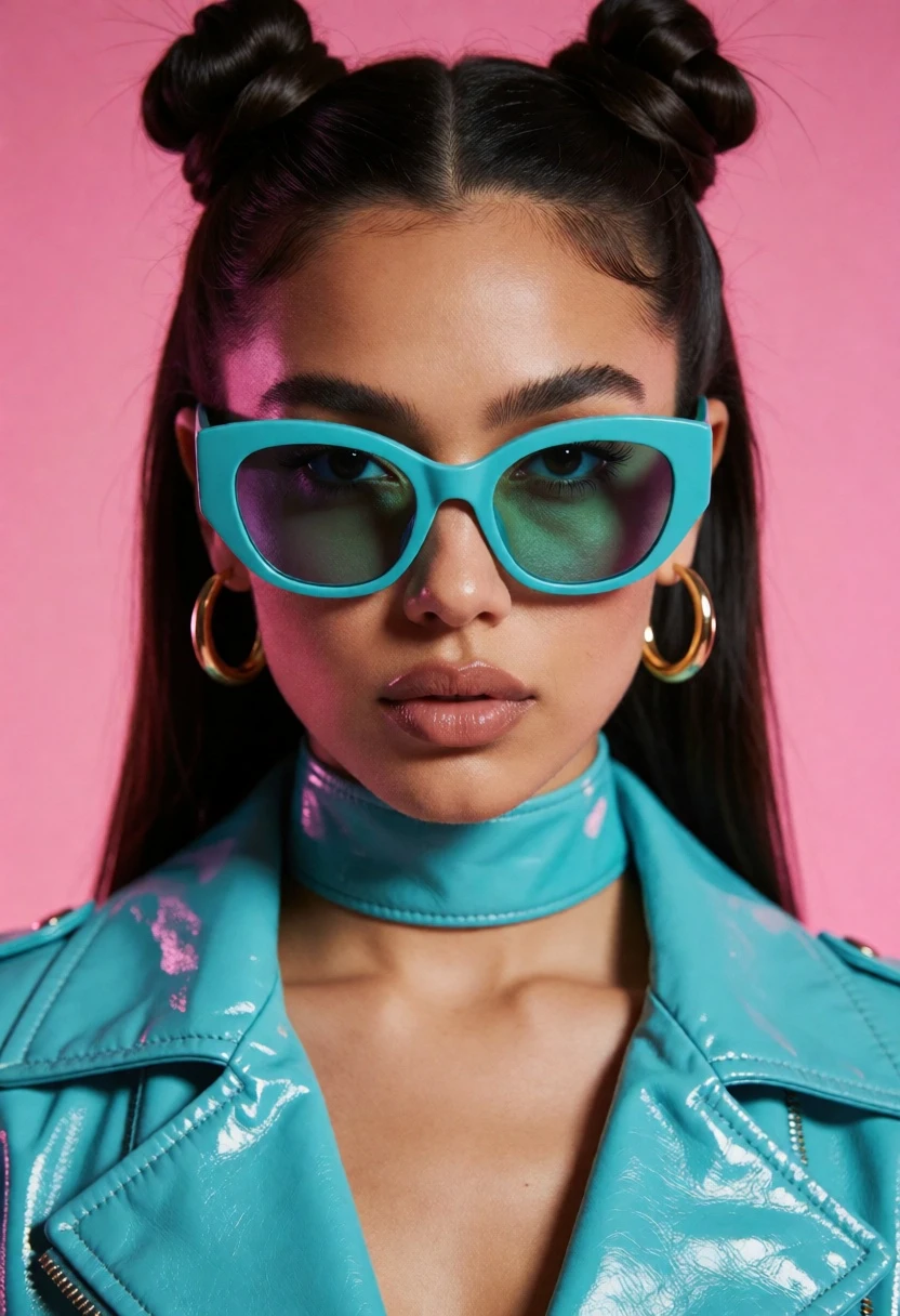 Close up portrait of stylish woman with dark hair buns and turquoise - AI generated image prompt sample
