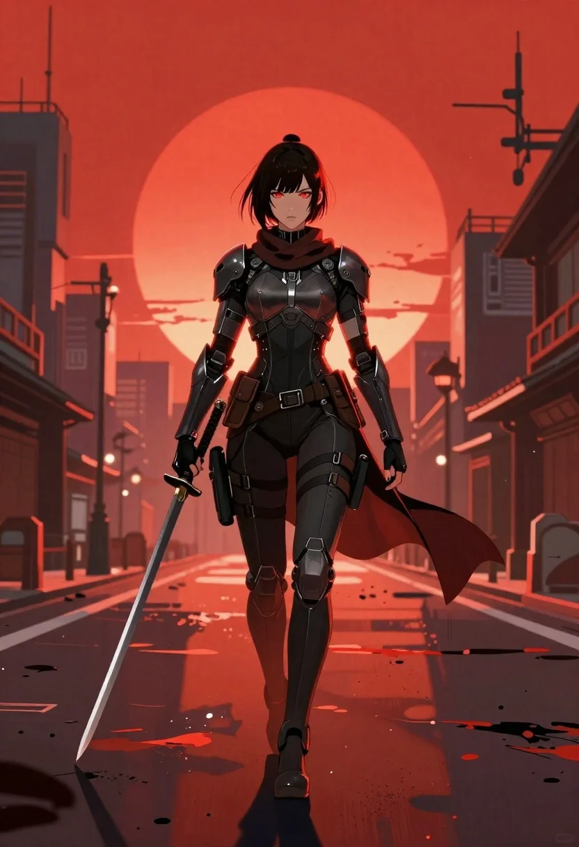 Futuristic warrior in cybernetic armor on city street
