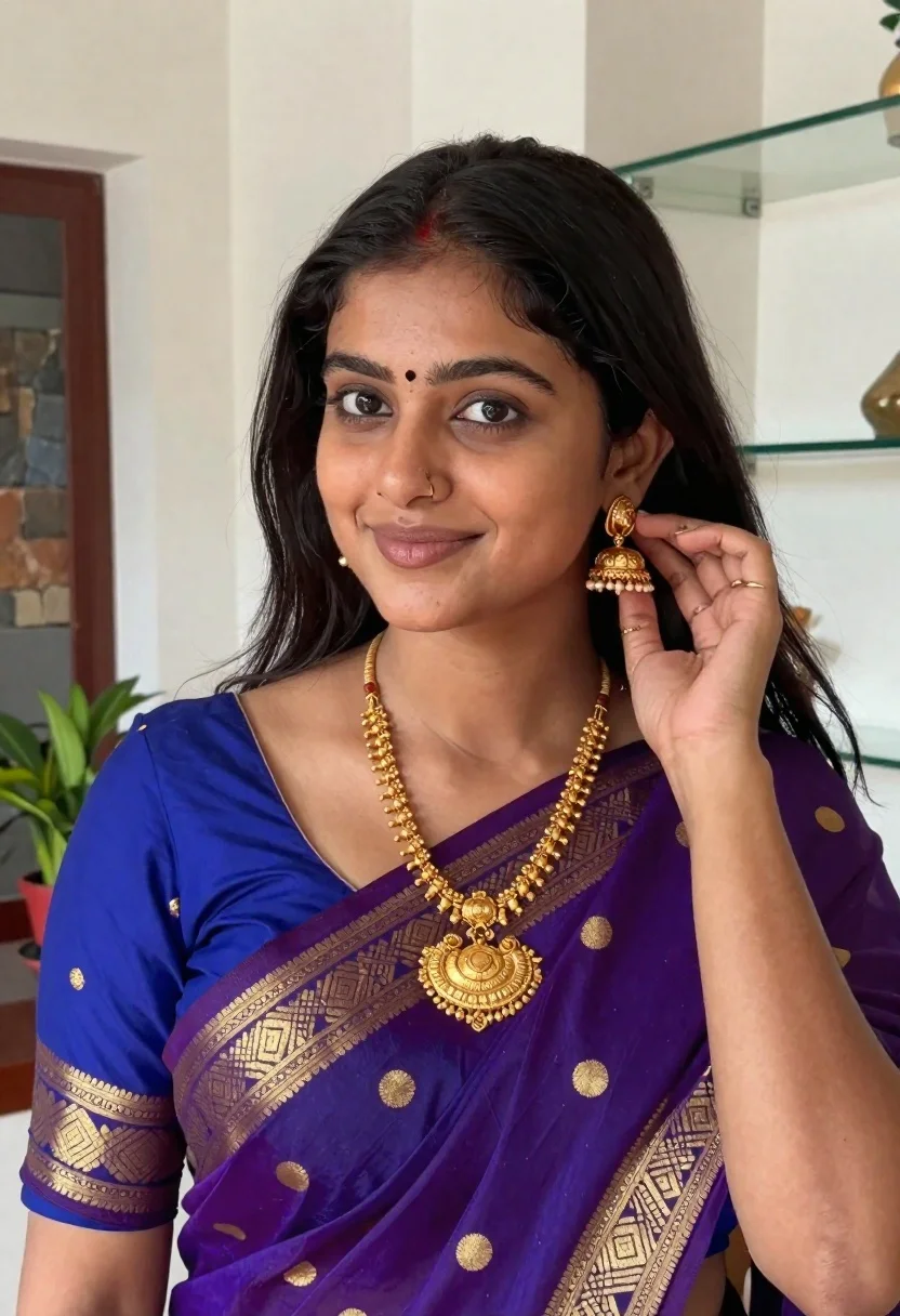 Young woman in purple saree touching gold earring indoors with soft light