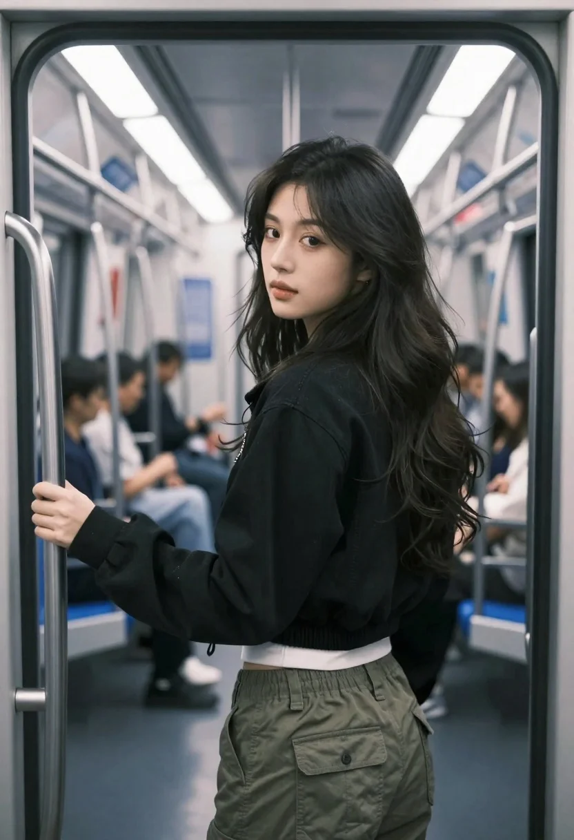 Young woman in black jacket stands inside subway car looking back over - AI generated image prompt sample