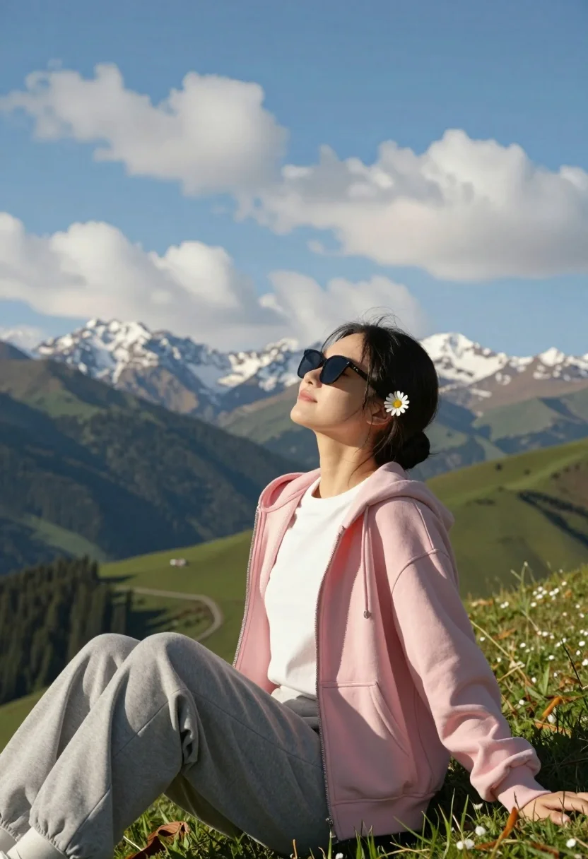 Young woman relaxing on grassy hillside with mountains under blue sky - AI generated image prompt sample