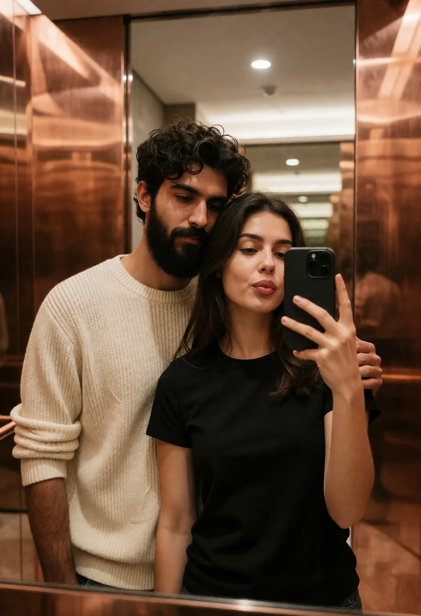 Couple taking mirror selfie in modern warm toned interior space - AI generated image prompt sample
