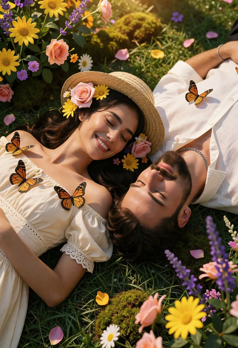 Overhead view of couple on green lawn surrounded by colorful flowers - AI generated image prompt sample