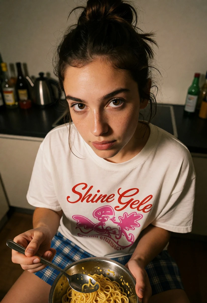 Young woman looking down at noodles in kitchen setting high angle view - AI generated image prompt sample