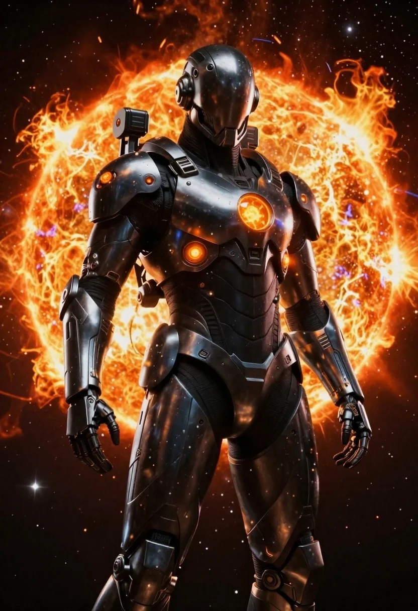 Futuristic space explorer in deep space near solar flare