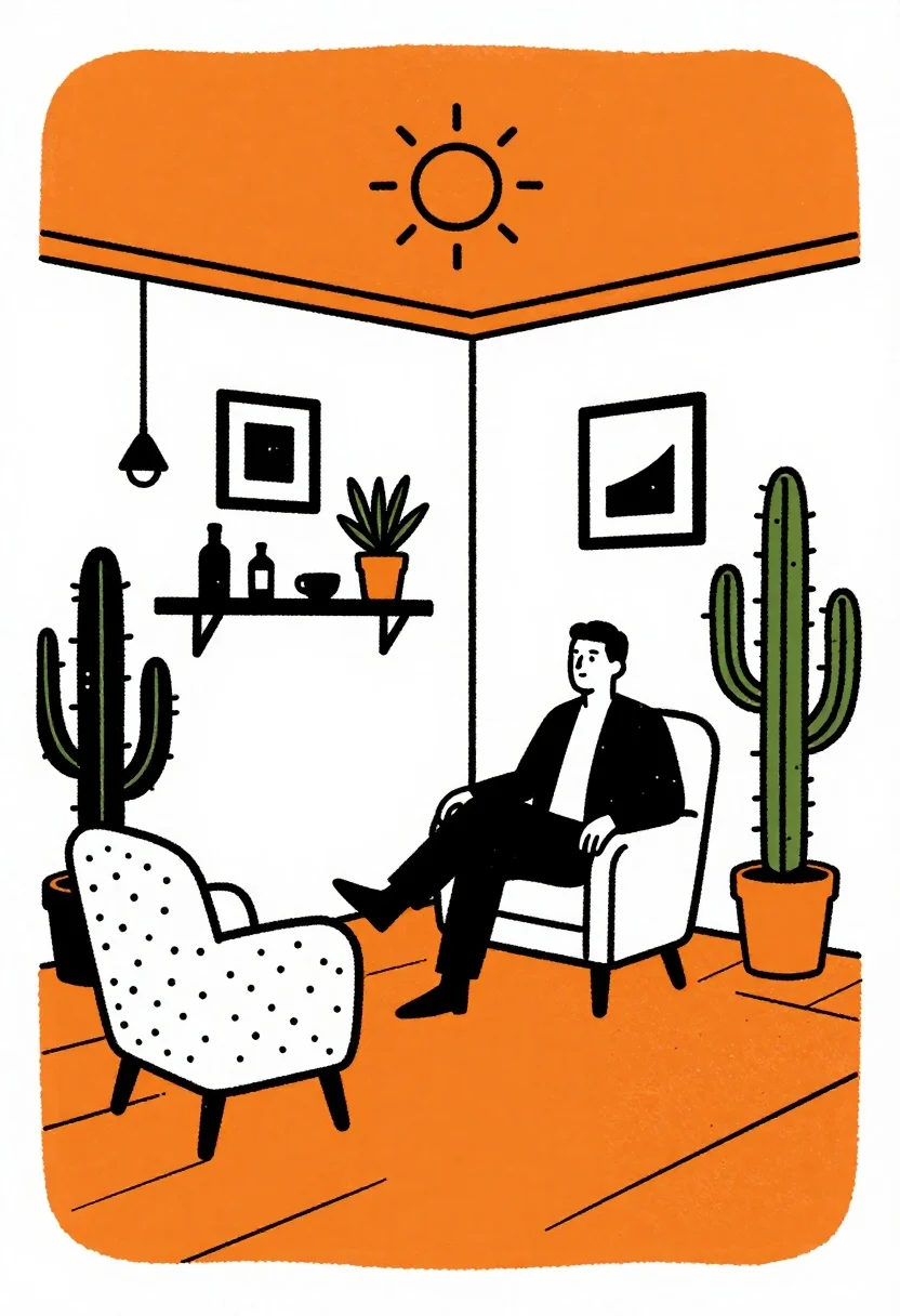 Surreal living room illustration with man in armchair - AI generated image prompt sample