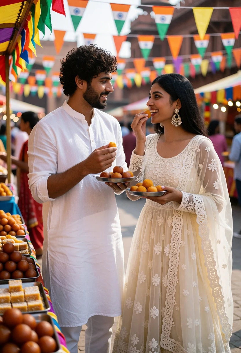 Couple eating indian sweets in a vibrant outdoor market setting - AI generated image prompt sample