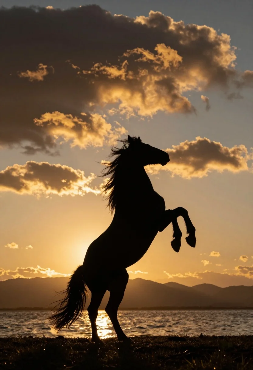 Dramatic silhouette of rearing horse against vibrant sunset over calm water - AI generated image prompt sample