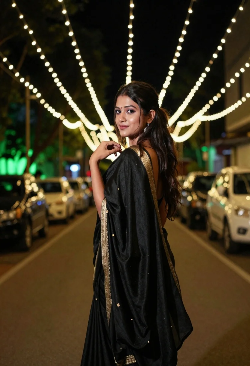 Young woman in black draped garment on walkway under festive string lights