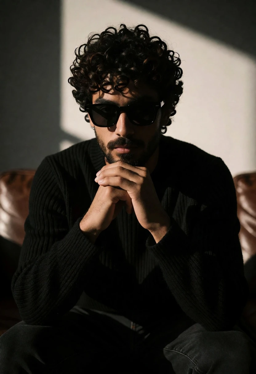 Man with dark curly hair in black sweater seated on leather sofa - AI generated image prompt sample