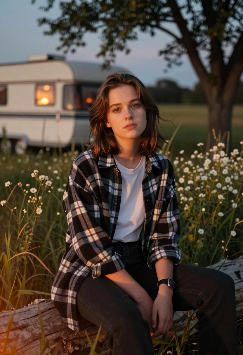 Young woman with brown hair sitting on log in wildflower meadow - AI generated image prompt sample