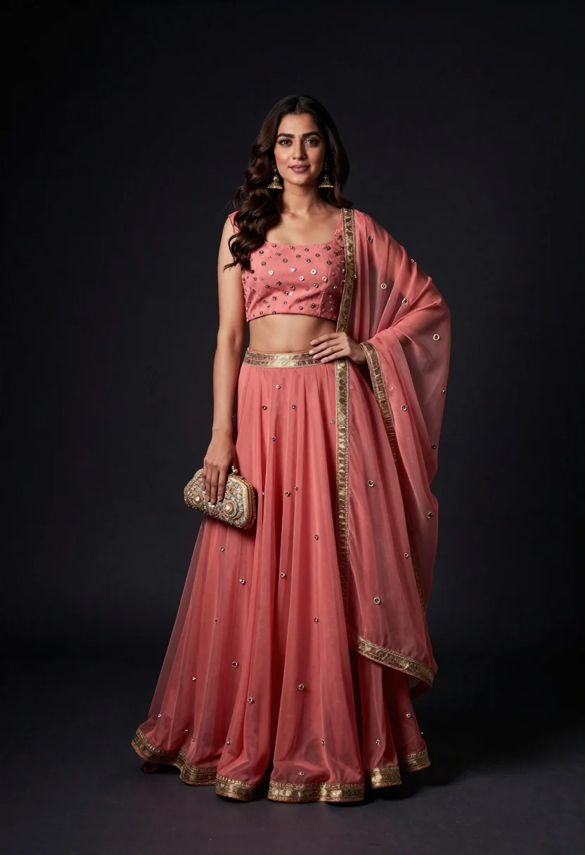 Portrait of woman in coral and rose traditional indian lehenga dress - AI generated image prompt sample