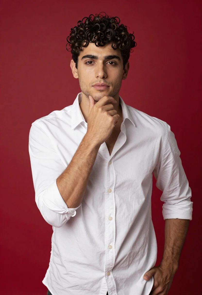 Handsome young man with dark curly hair against solid red backdrop - AI generated image prompt sample