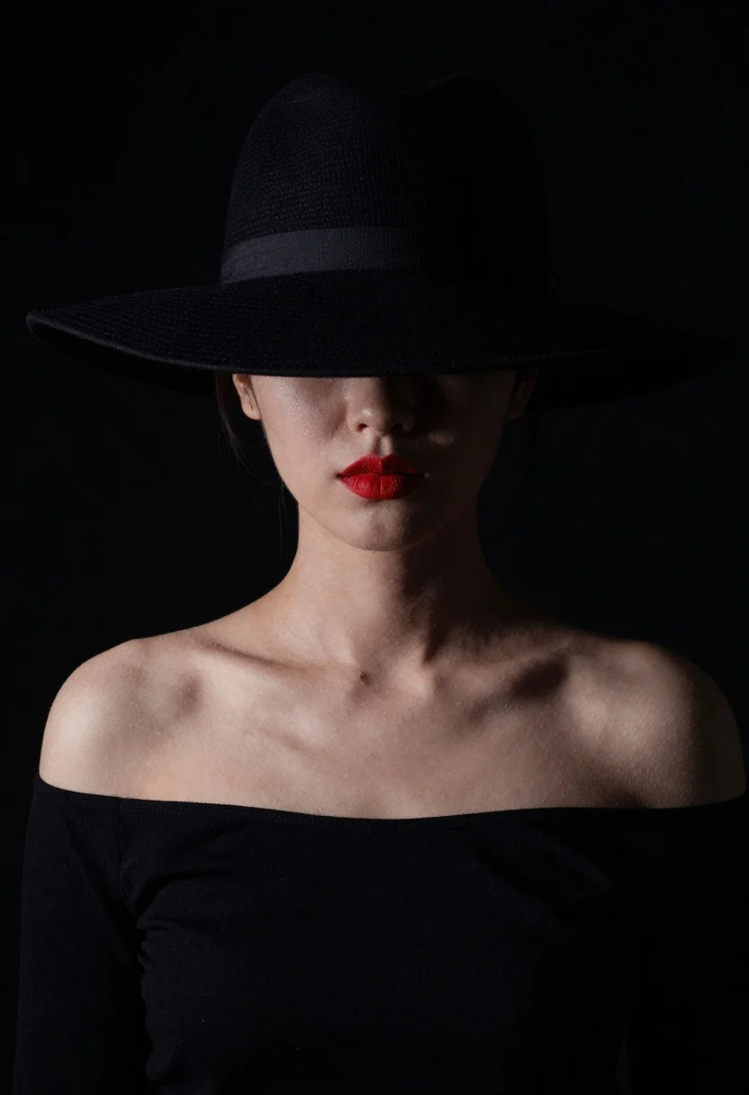 Portrait of woman in black hat against dark background - AI generated image prompt sample