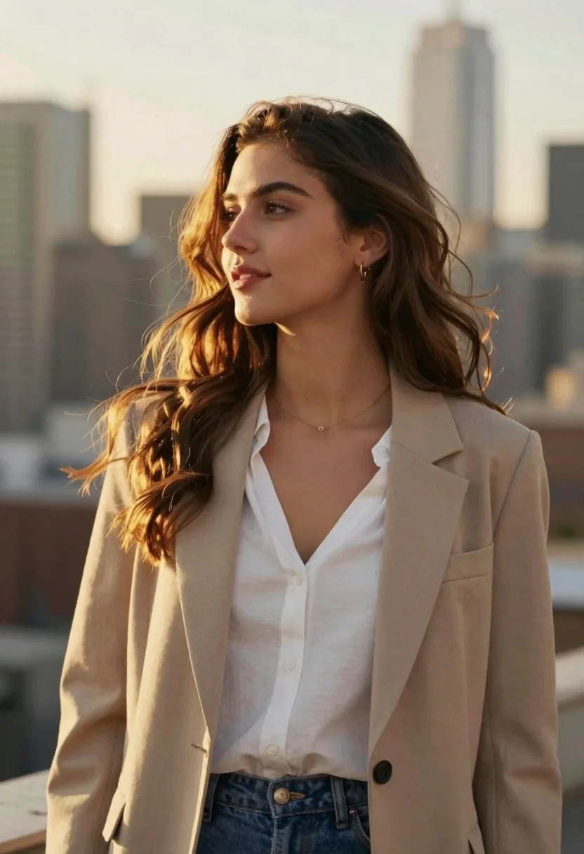 Young woman in beige blazer against city skyline at golden hour - AI generated image prompt sample