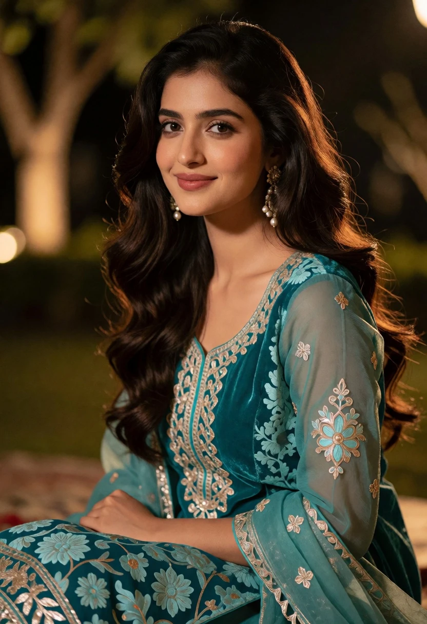 Portrait of young woman in teal embroidered traditional outfit at night - AI generated image prompt sample