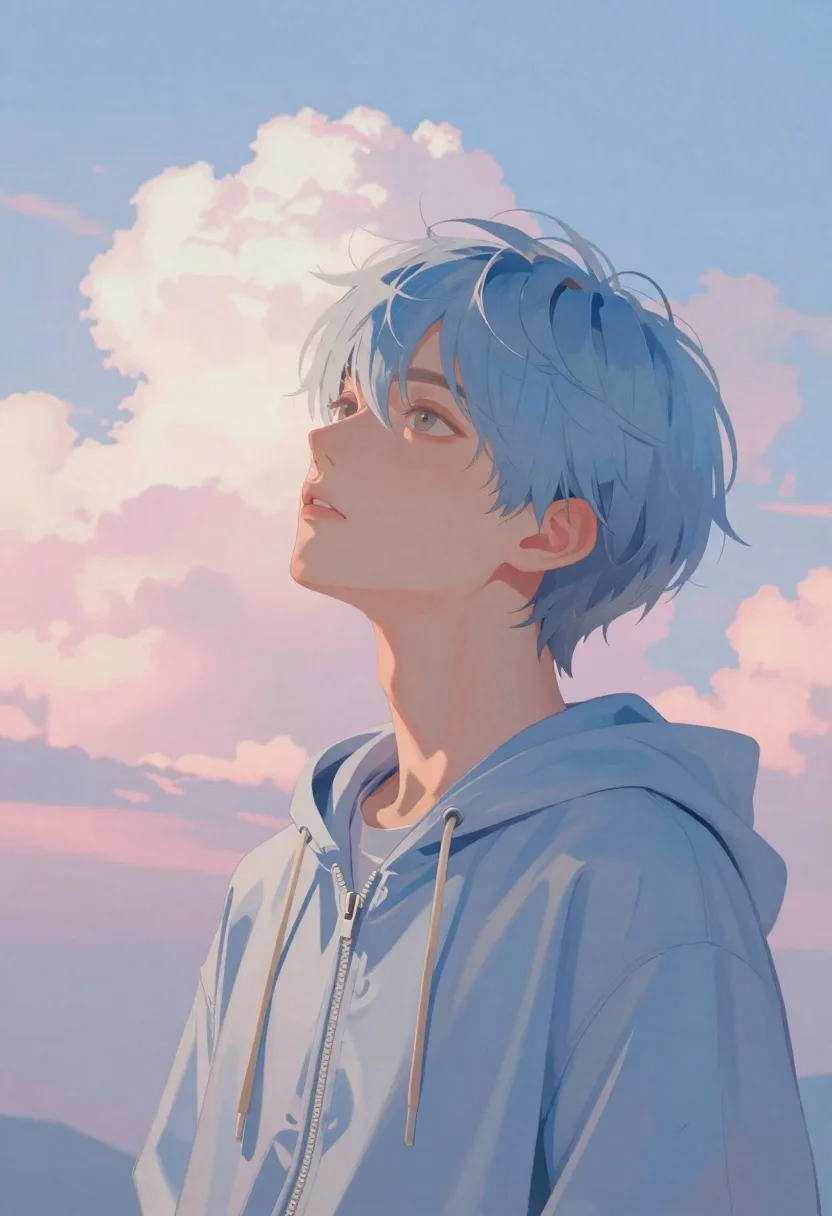 Young person with blue hair looking at pastel sky - AI generated image prompt sample