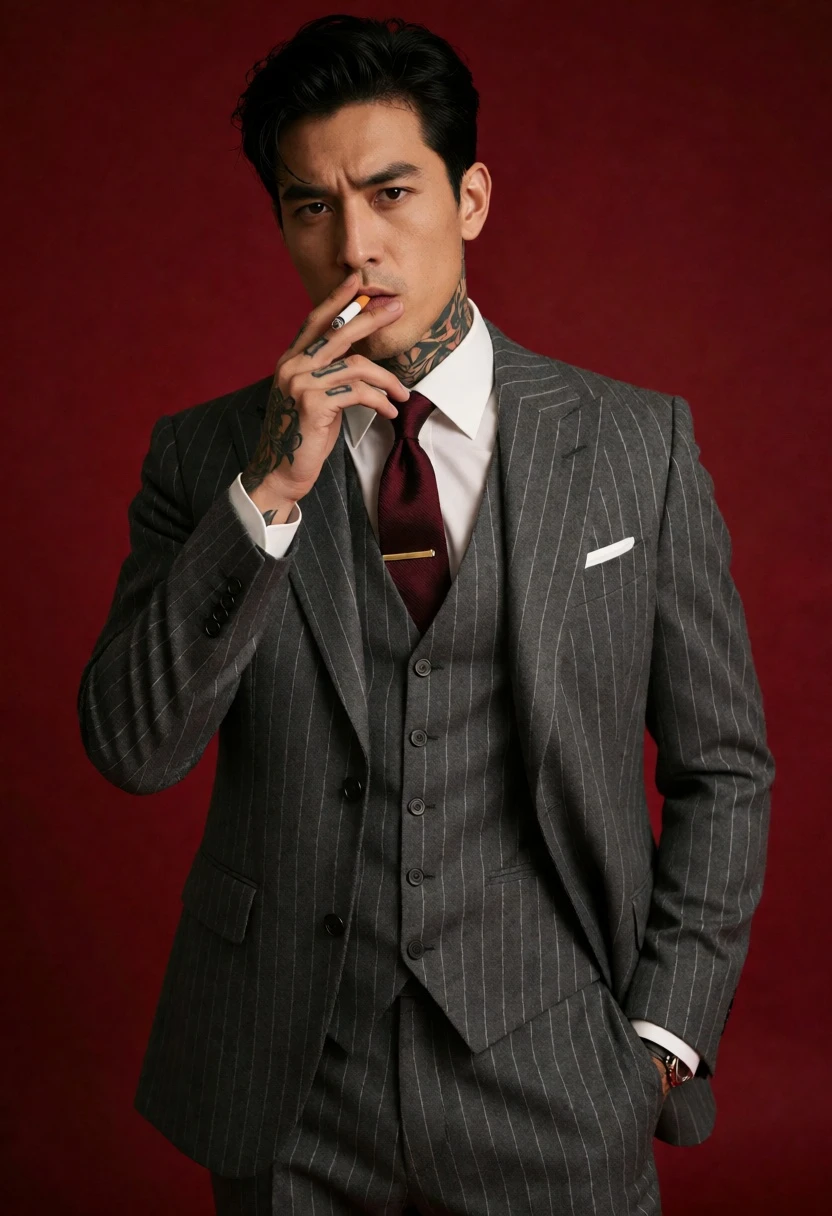 Man in pinstripe suit holding cigarette against deep red backdrop - AI generated image prompt sample