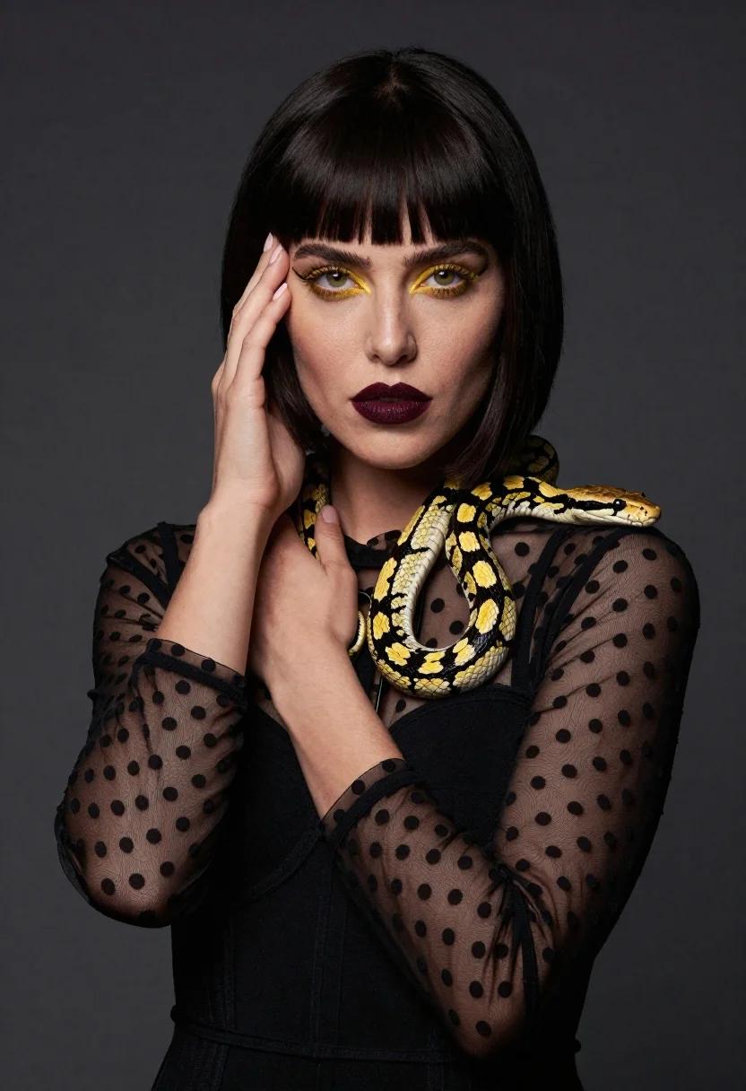 High fashion portrait of woman with black bob and snake - AI generated image prompt sample