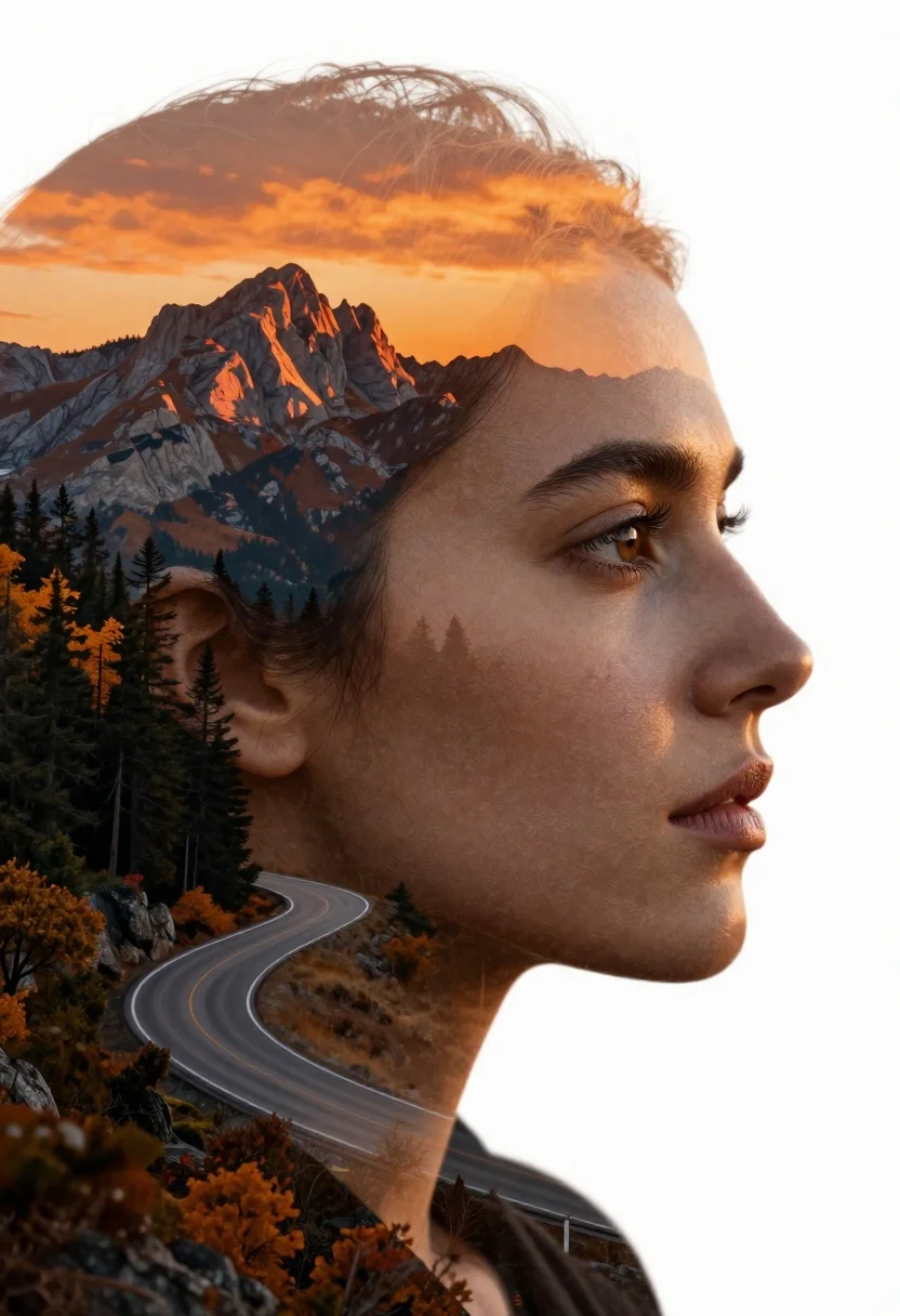 Double exposure photograph of a woman and autumn landscape - AI generated image prompt sample