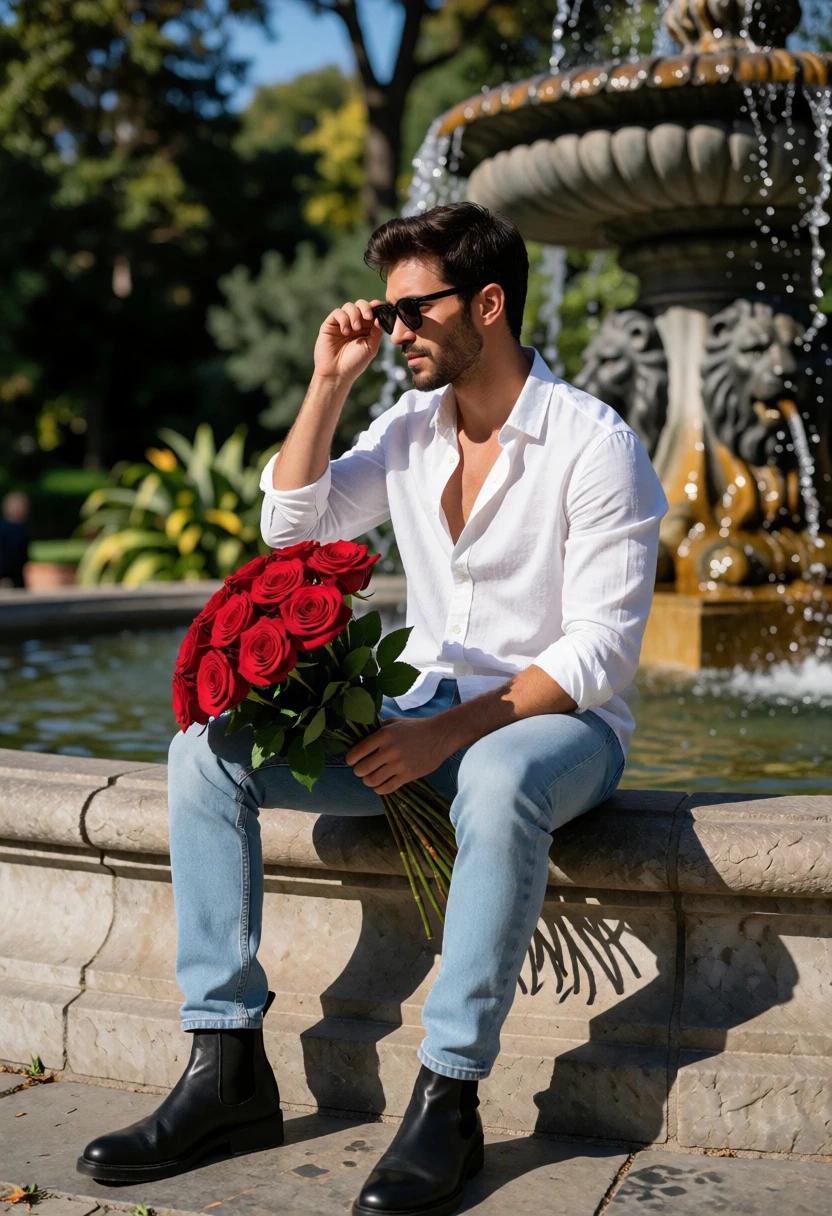 Handsome man in white shirt sitting by a fountain with red roses - AI generated image prompt sample