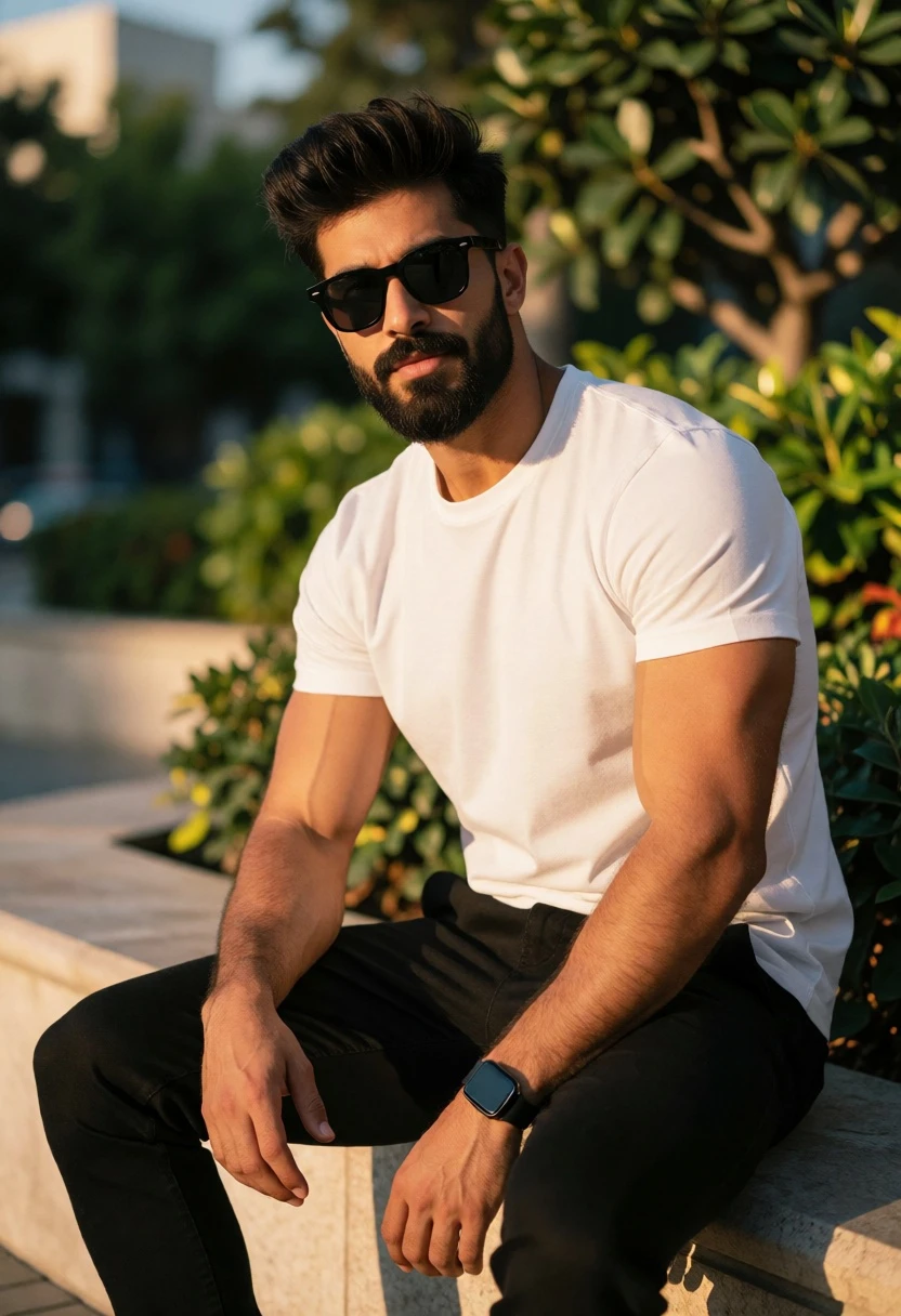 Muscular man in white tshirt sitting on stone ledge outdoors at golden - AI generated image prompt sample
