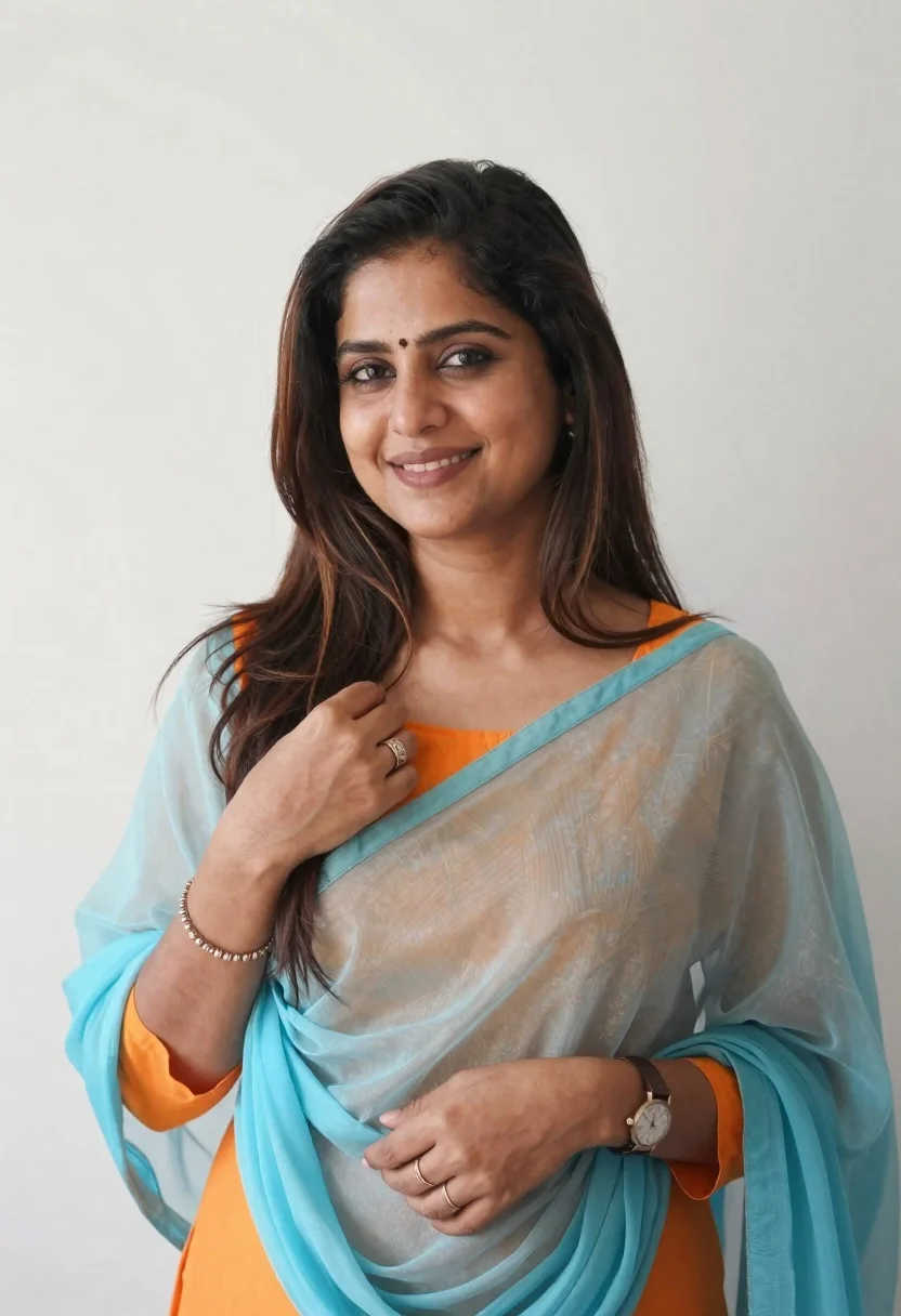 Smiling woman with dark hair wearing orange top against off white background