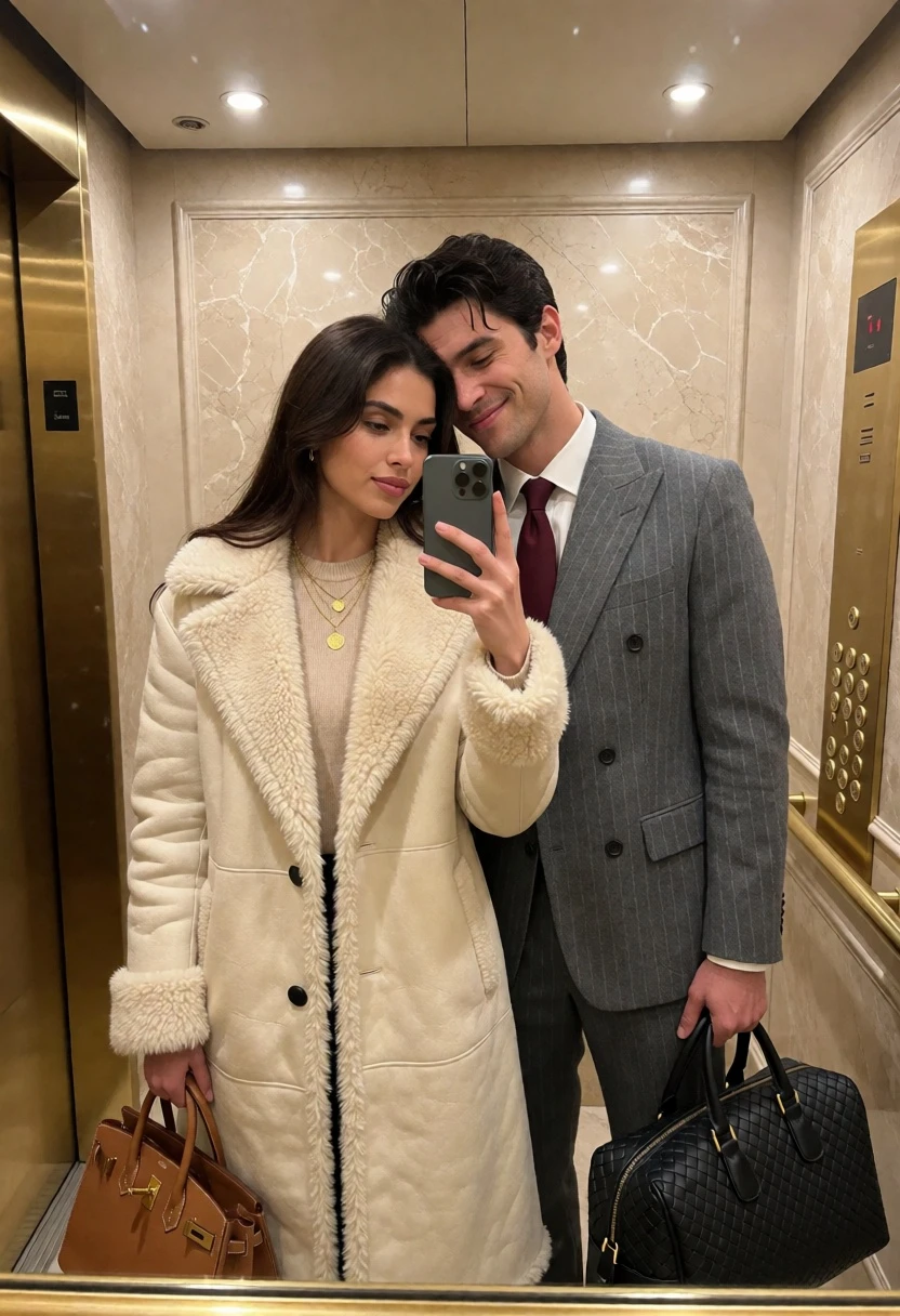 Couple taking a mirror selfie inside luxurious beige paneled elevator interior - AI generated image prompt sample