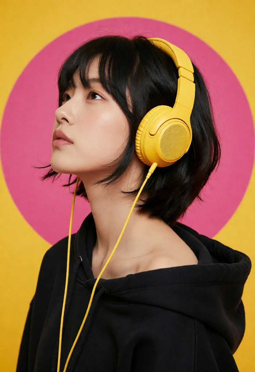 Young woman in black hoodie wearing yellow headphones against pink graphic background - AI generated image prompt sample