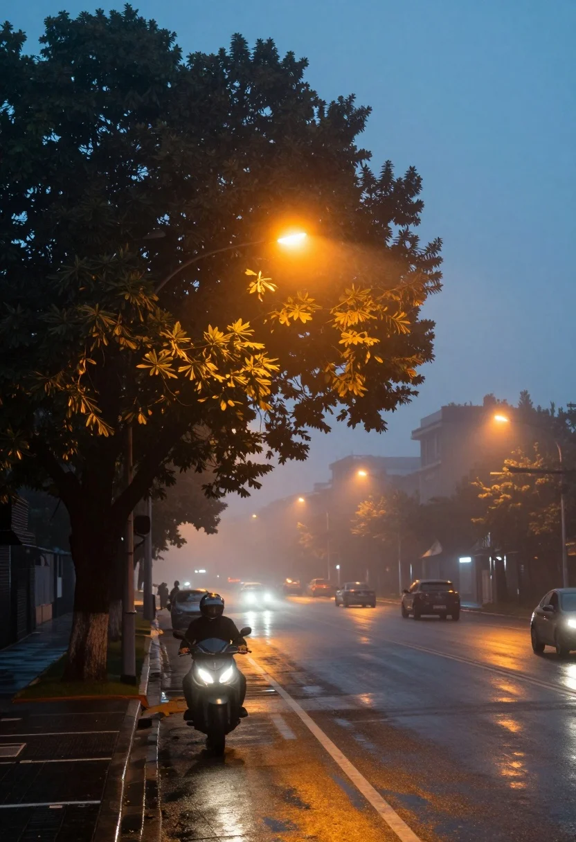 Low angle view of misty urban street at dusk with glowing orange - AI generated image prompt sample