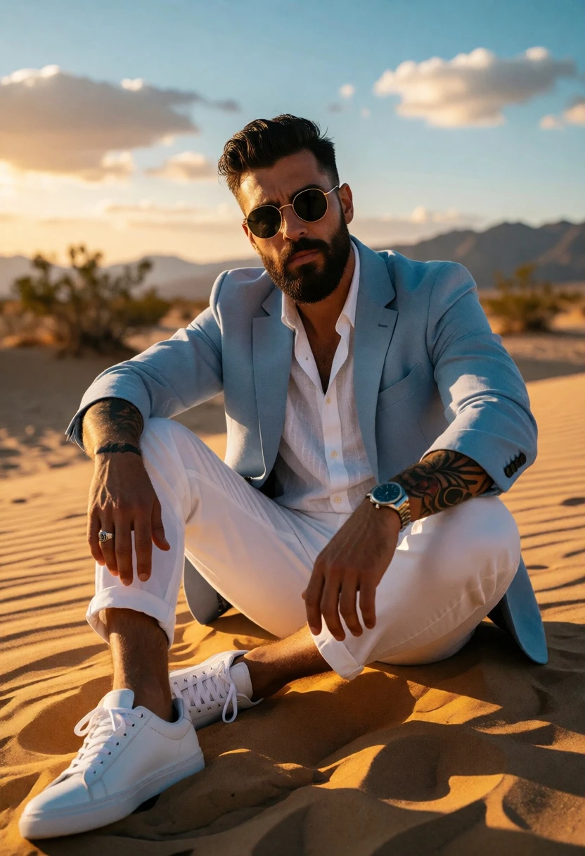 Man in blazer sitting crosslegged on golden sand dunes at sunset - AI generated image prompt sample