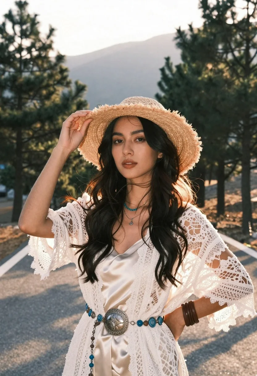 Woman in white lace cardigan and straw hat in mountain landscape - AI generated image prompt sample